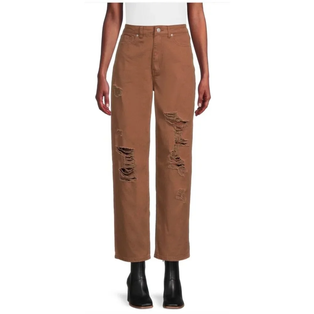 Women’s 100% Cotton High Rise Brown Distressed Wide Leg Jeans Size 11 - Picture 11 of 12